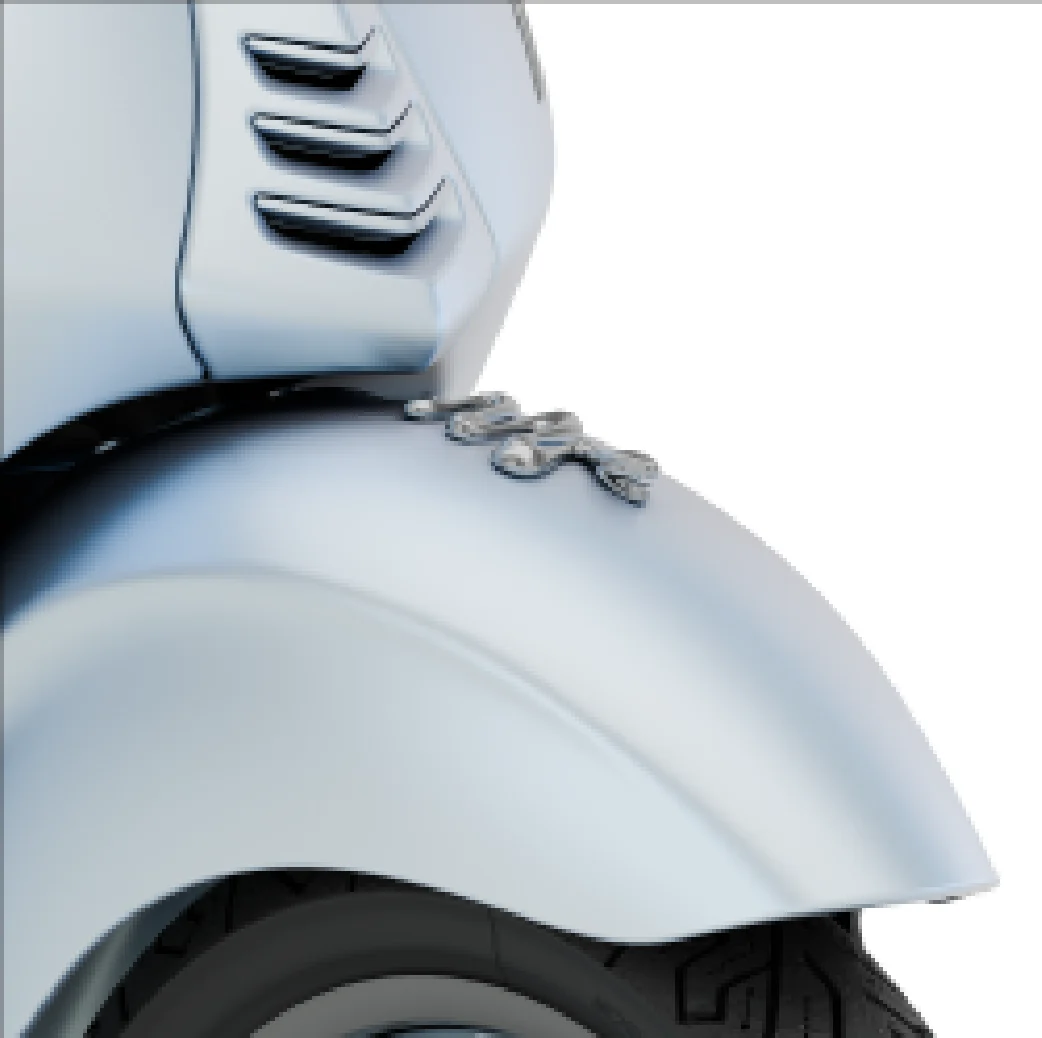 The front mudguard is adorned with a 3D Chromed snake emblem, symbolizing sinuosity and elegance, designed to follow every curve beyond the horizon.